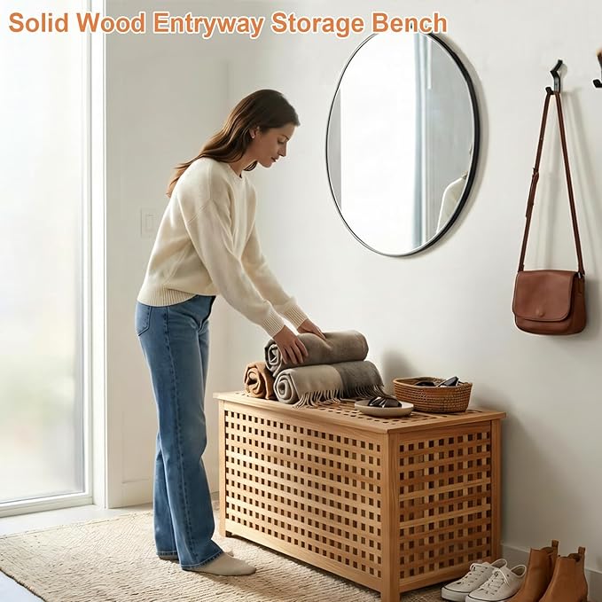 Solid Wood Entryway Bench with Storage, Large storage chest with Removable Bag