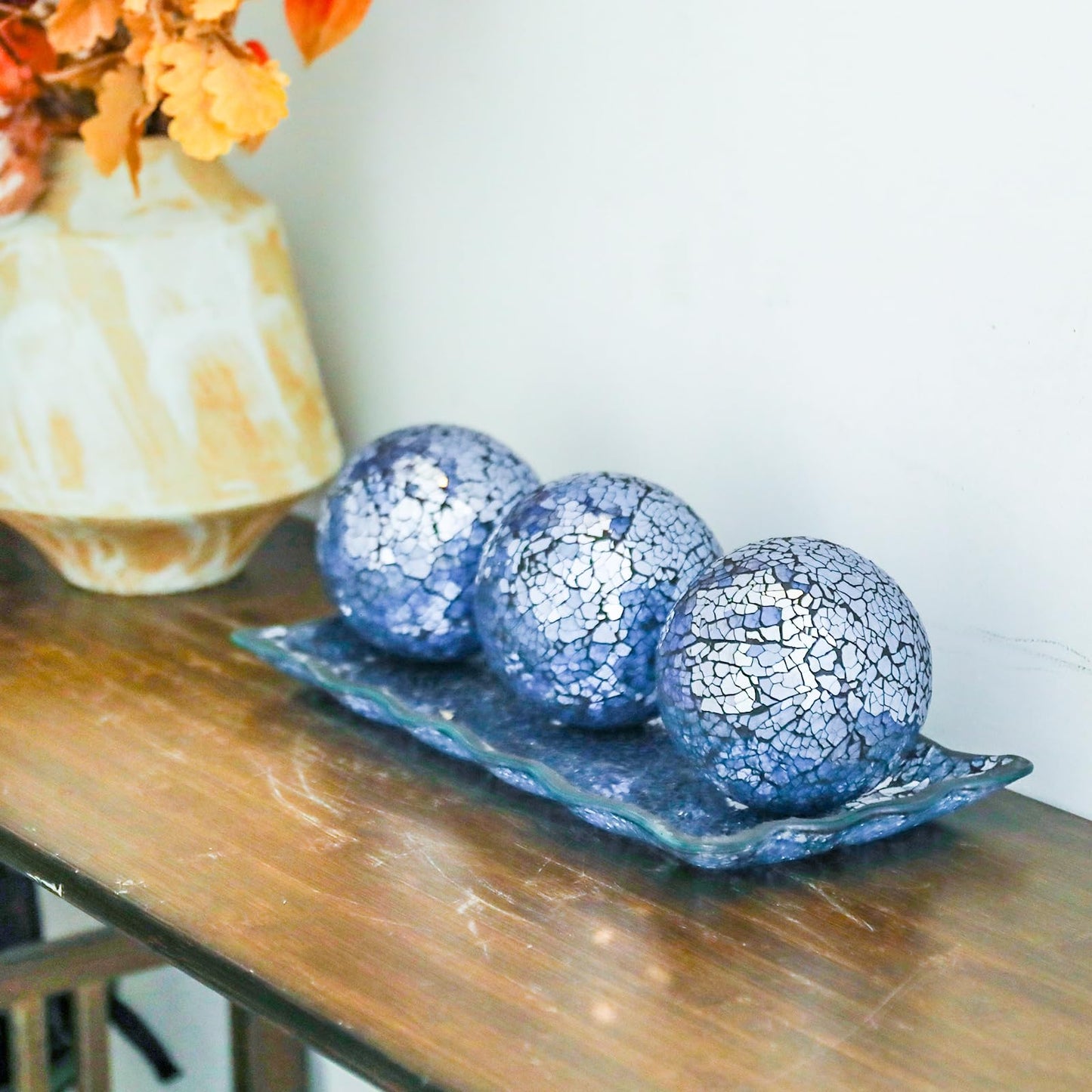 VCUTEKA Decorative Balls and Glass Bowl, 4 Inch Mosaic Sphere Balls Centerpiece Balls for Coffee Table, Home Decor, Wedding Party Decor, Blue