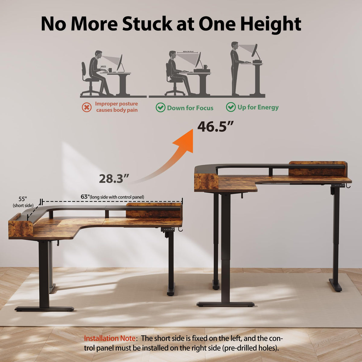 Agilestic L Shaped Standing Desk, Corner Desk with Monitor Shelf, Adjustable Height Gaming Table, Sit Stand Up Table, 63 x 55 Inch Home Office Computer Workstation, Splice Board, Rustic Brown