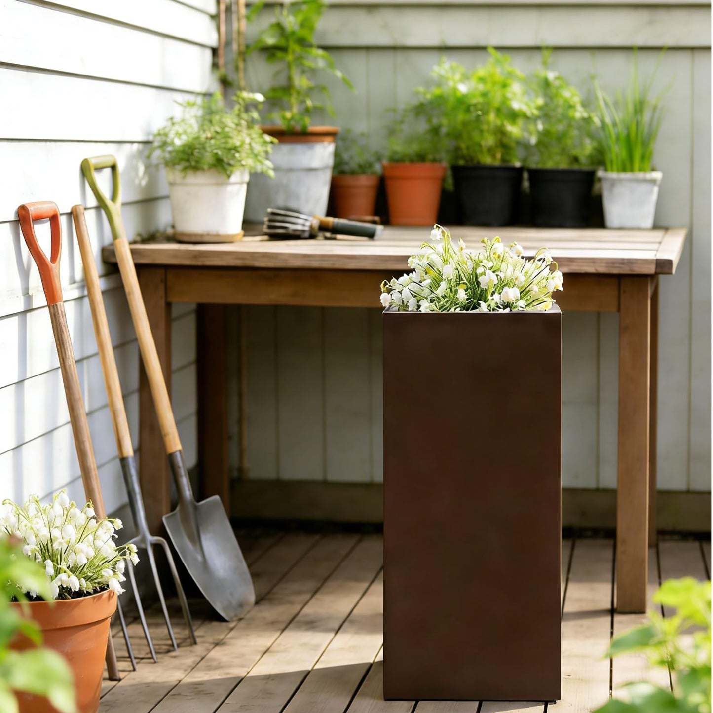 wukaeiue Galvanized Steel Planter Box 16x16x30 Inches, Brown - Modern Raised Garden Bed with Drainage Holes & Easy Assembly, Heavy Duty Metal Flower Pot for Outdoor Indoor Plants, Herbs, Flowers