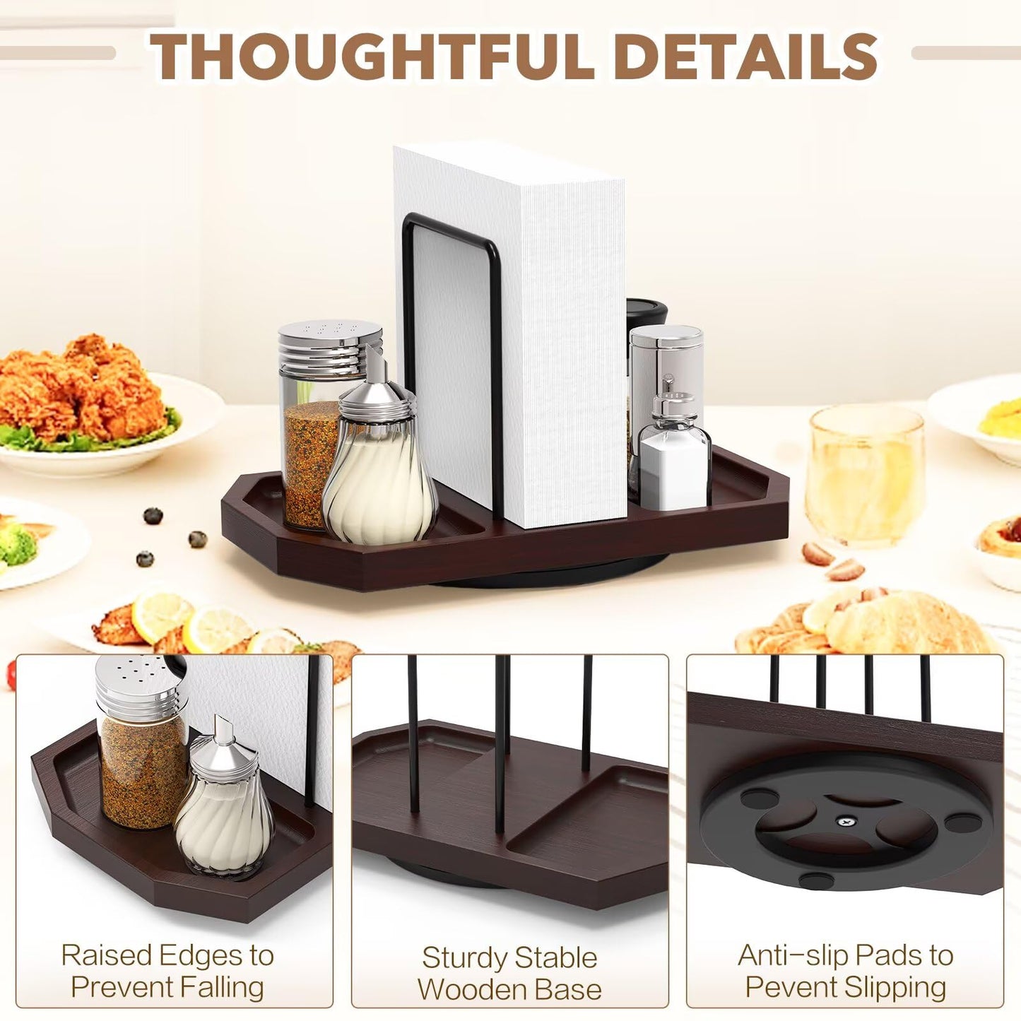 FODIENS Napkin Holder for Table, Rotating Napkin Dispenser with Salt and Pepper Shakers Storage, Standing Paper Napkin Organizer for Kitchen Dining Table Decor (1, Brown)