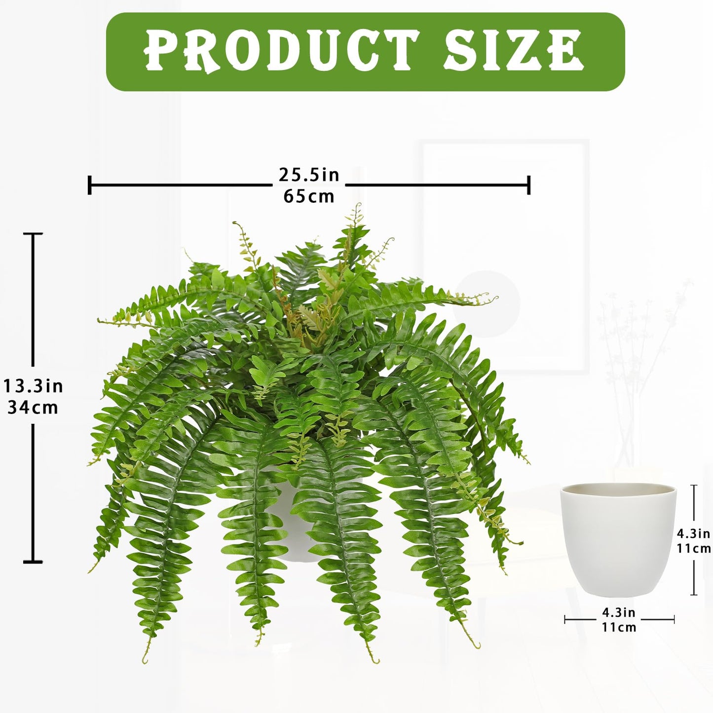 Hollyone Artificial Fern Plants in White Pot 25.5" Medium Artificial Boston Fern 31 Leaves for Outdoors & Indoor Faux Potted Plants Fake Ferns Bush Plant Patio Garden Farmhouse Porch Home Decor Green