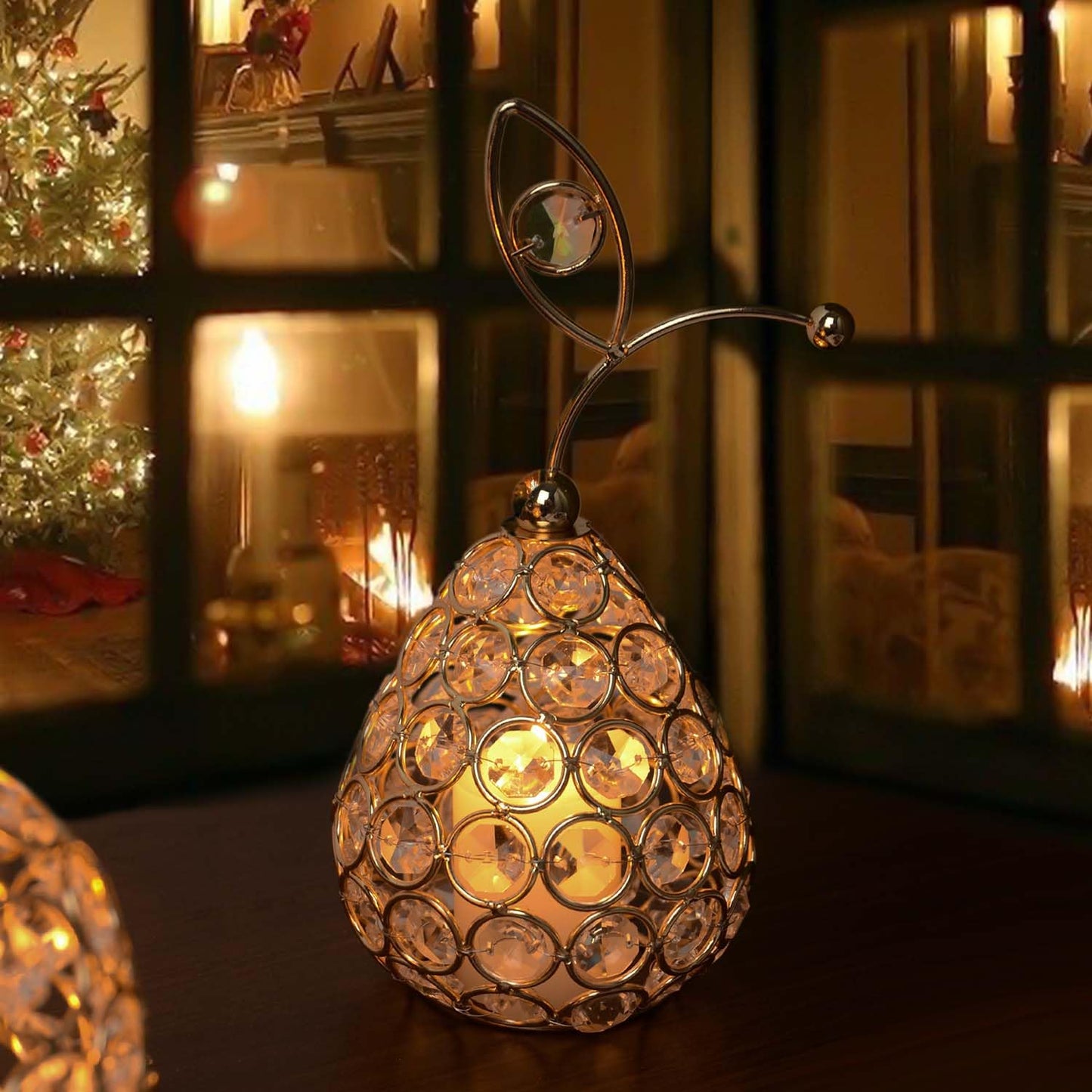 Kehail Set of 3 Elegance Crystal Metal Pineapple Pear Table Centerpiece Handmade Crystal Candlestick Hollow Fruit Ornament Home Party Wedding Holiday Decoration (Gold, Set of 3)