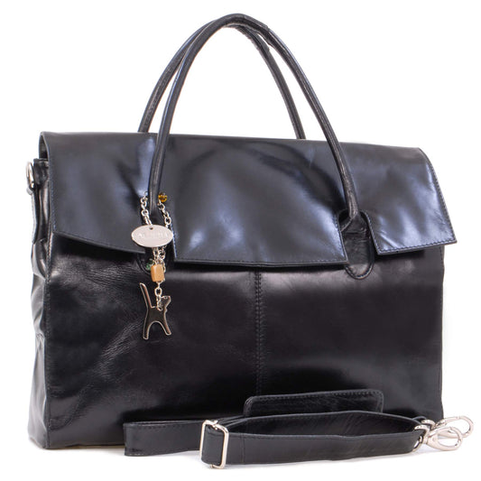 Catwalk Collection Handbags - Women's Leather 17 Inch Padded Laptop Bag - Ladies Large Briefcase Work Bag - With Cross Body Strap - Helena - Black