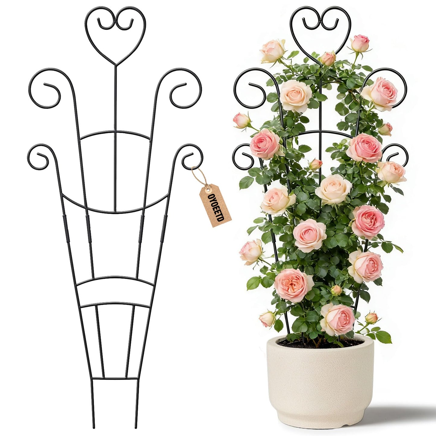 30 Inch Plant Trellis for Climbing Plants Indoor, Outdoor Metal Garden Trellis for Potted Plants, Houseplant Plant Support for Ivy Pothos Monstera Hoya Flower Vine Black Heart (Black-2pcs)