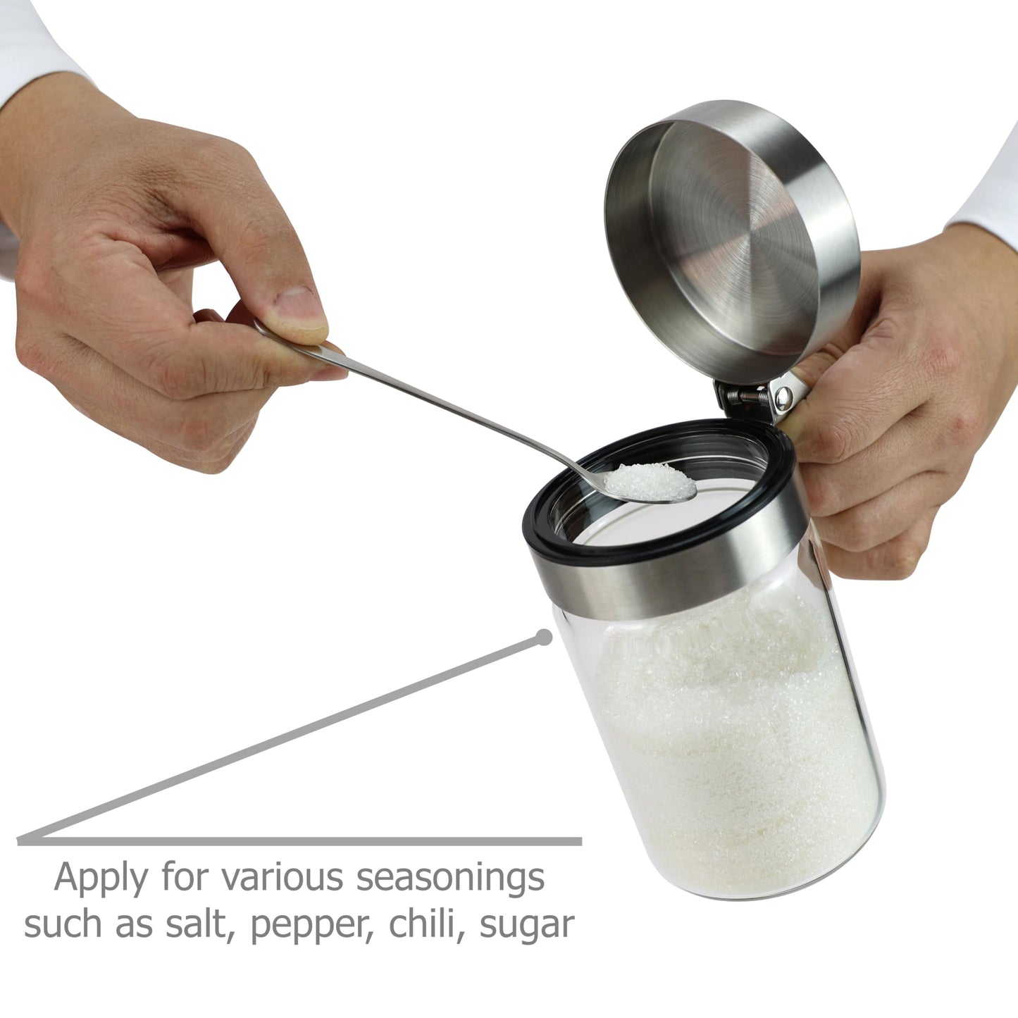 EIKS Glass Condiment Jars with Stainless Steel Lids and Spoons for Serving & Storing Sugar Spice Salt Seasoning in Home Kitchen Coffee Bar Restaurant, Container Capacity 450ml/14.5oz