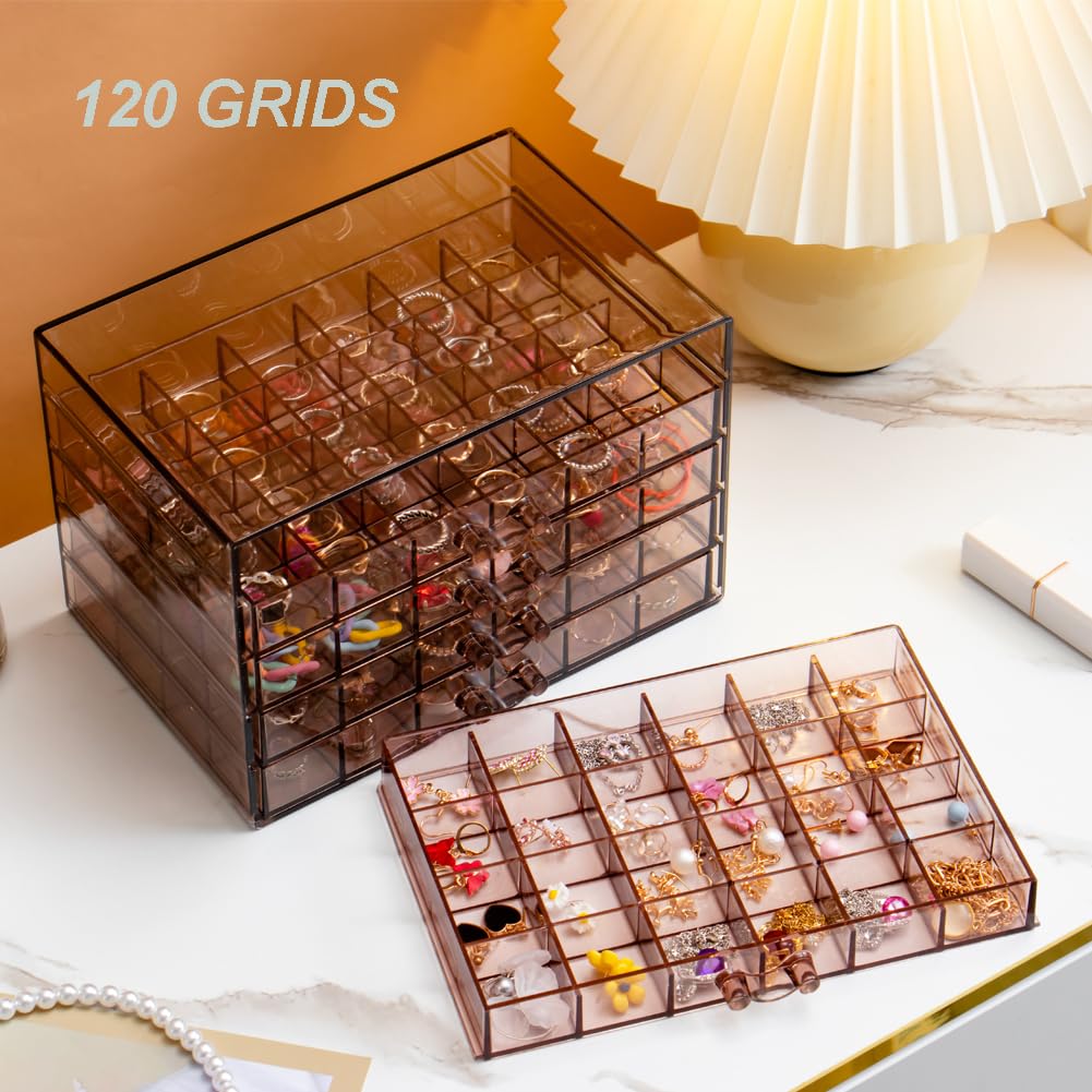 YUFONG Earring Storage Box Organizer, Acrylic Jewelry Storage Box Holder 5 Drawers Transparent Jewelry Display Stand with 120 Small Compartments Gift Boxes for Women Girls (Clear Purple Brown)
