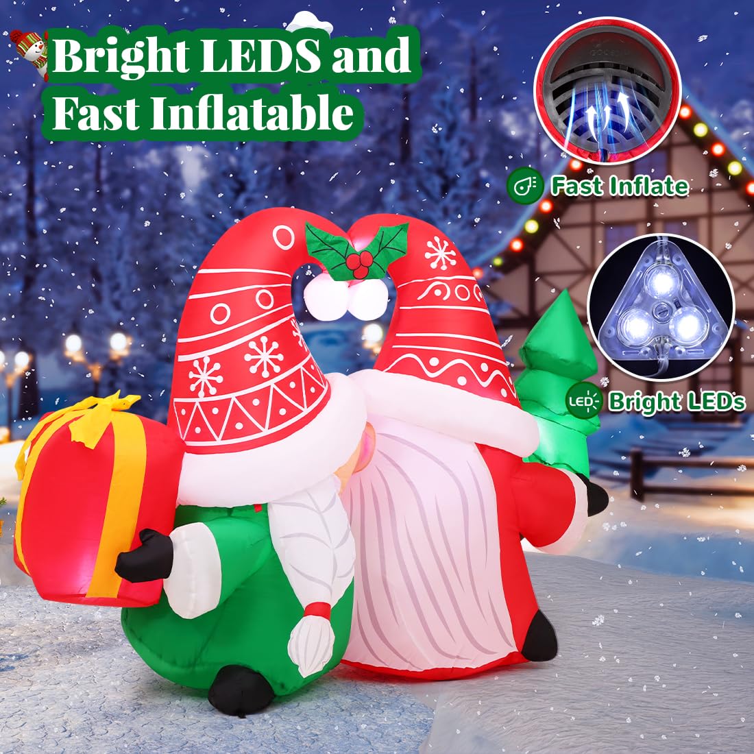 GOOSH 5FT Christmas Gnome Inflatables Outdoor Decorations,Blow Up Couple Gnomes with LED Lights,Xmas Gnome Inflatables for Yard Lawn Garden Holiday Decor