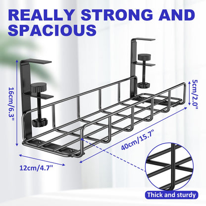 Under Desk Cable Management Tray, 15.7'' No Drill Steel Desk Cable Organizers, Wire Management Tray Cable Management Rack, Desk Cable Tray with Wire Organizer and Desk Cord Organizer