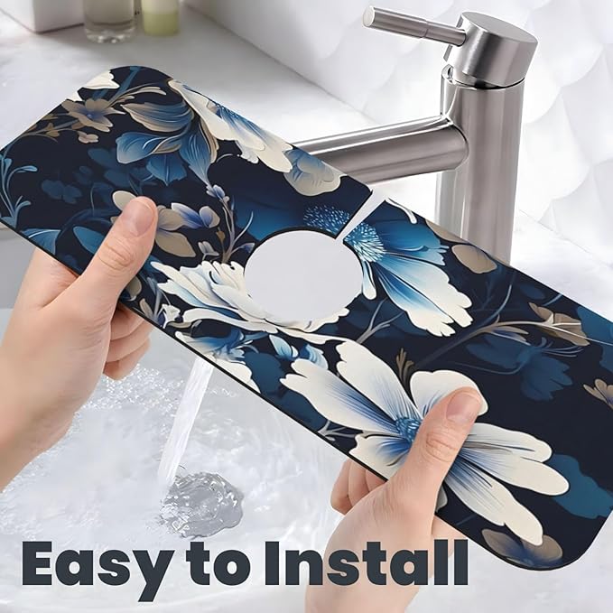 Blue flowers Kitchen sink faucet pad, strong water absorption, anti slip