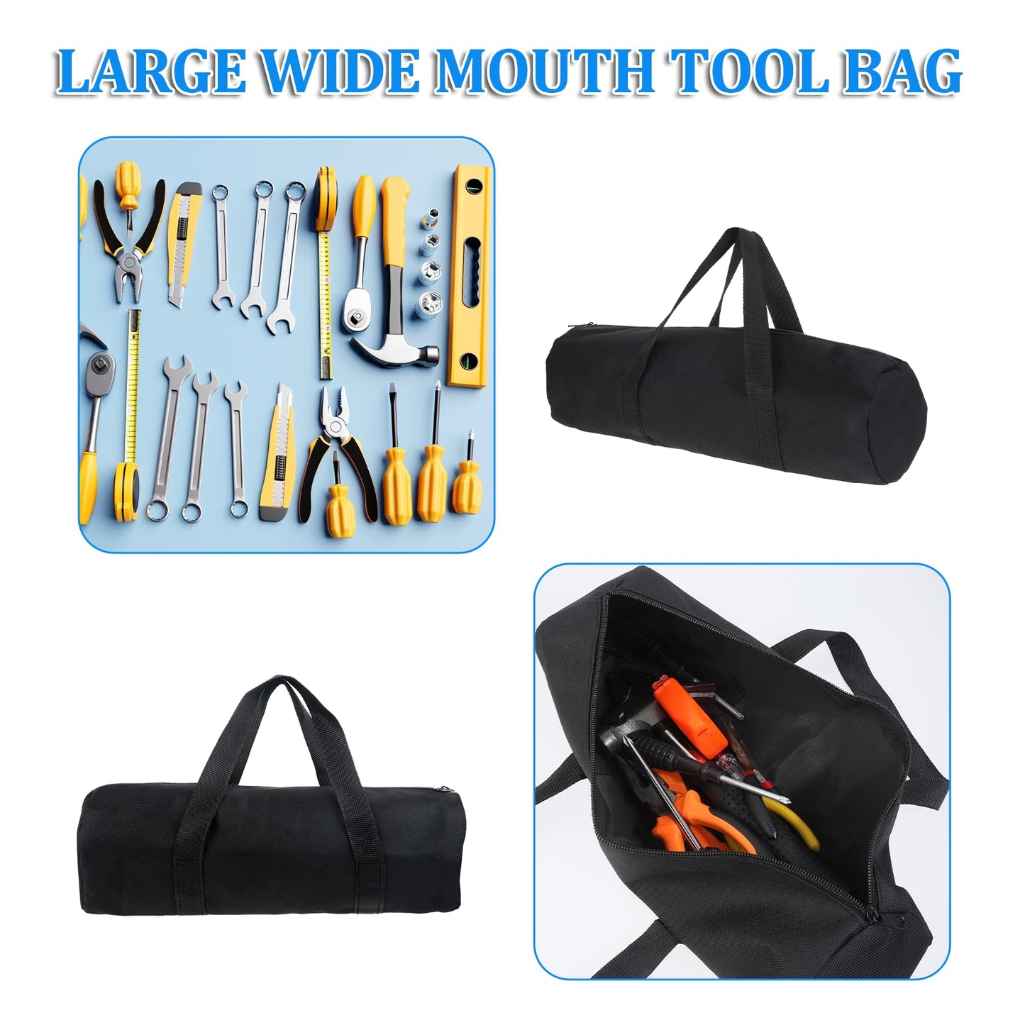 12 Inch Canvas Tool Pouch Small Tool Bag for Men Wide Mouth Tool Storage Bag Large Capacity Tool Tote Handbag Power Tool Organizer for Electricians Mechanic Storage Wrenches Pliers Black