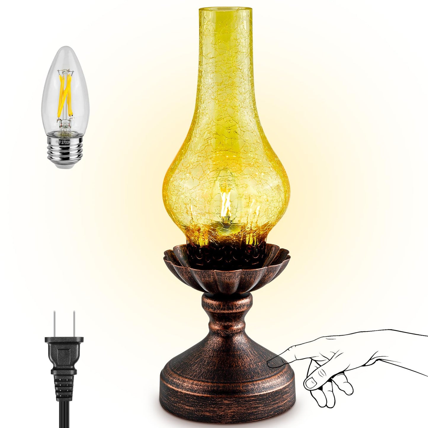 LEDIKON Vintage Table Lamp,Touch Control & 3-Way Dimmable Rustic Retro Farmhouse Bedside Lamp with Amber Glass Shade and LED Bulb for Bedroom, Living Room, Cabin, Office