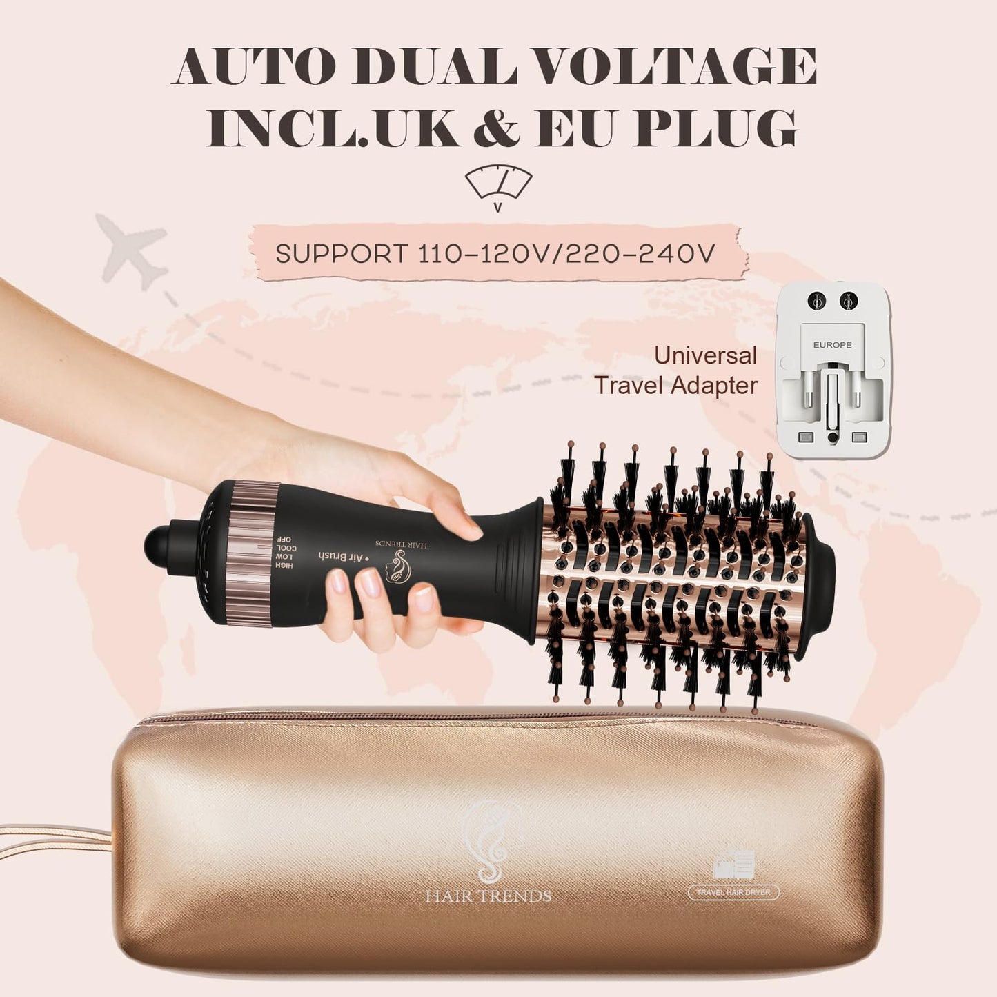 110-240V Travel Brush Hair Dryer, Small Hair Straightener Brush with European Plug Adapter for International Travel, 4 in 1 Hot Air Styler & Dryer for Drying Straightening Curling Volumizing