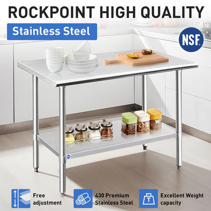 ROCKPOINT Stainless Steel Table for Prep & Work 18x30 Inches, NSF Metal Commercial Kitchen Heavy Duty Table with Adjustable Under Shelf and Table Foot for Restaurant, Home and Hotel