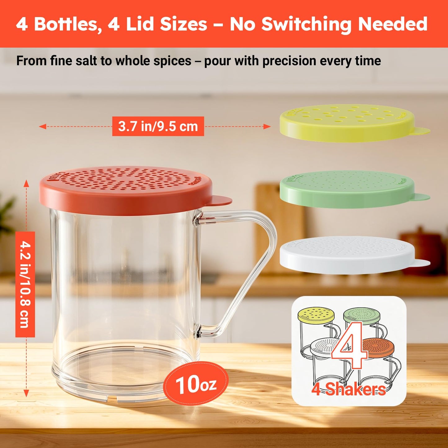 GATBO 4-Pack Plastic Dredge Shaker Set, 10 oz Clear Flour & Sugar Dispensers with Handles, Commercial Seasoning Shakers for Powder, Spices & Herbs, 4 Bodies & 4 Lids with Different Hole Sizes