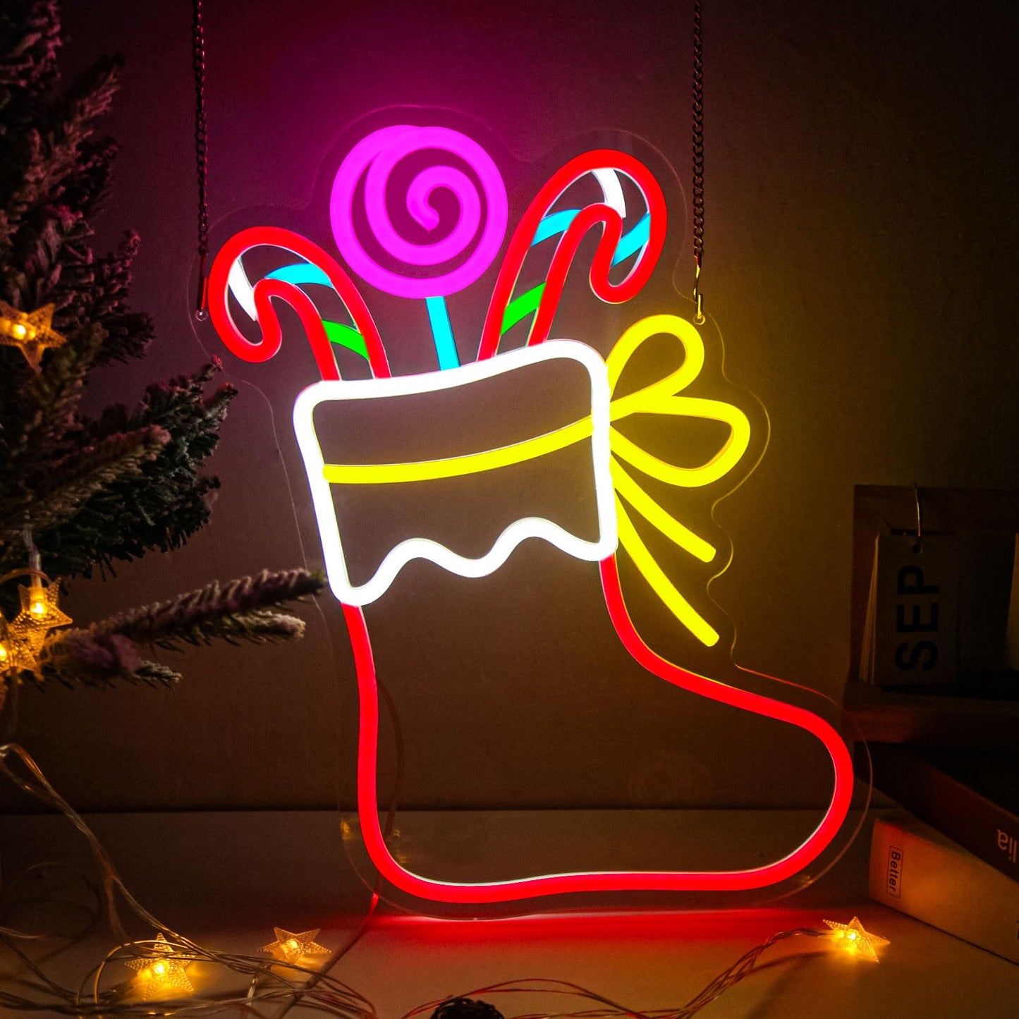 Mvorixa Christmas Stocking Neon Sign, Dimmable LED Neon Christmas Wall Lights, Xmas Decoration for Indoor Holiday Party, Kids Bedroom, Living Room, Bar, Pub, Xmas Tree, Window Display Decor, New Year Gift