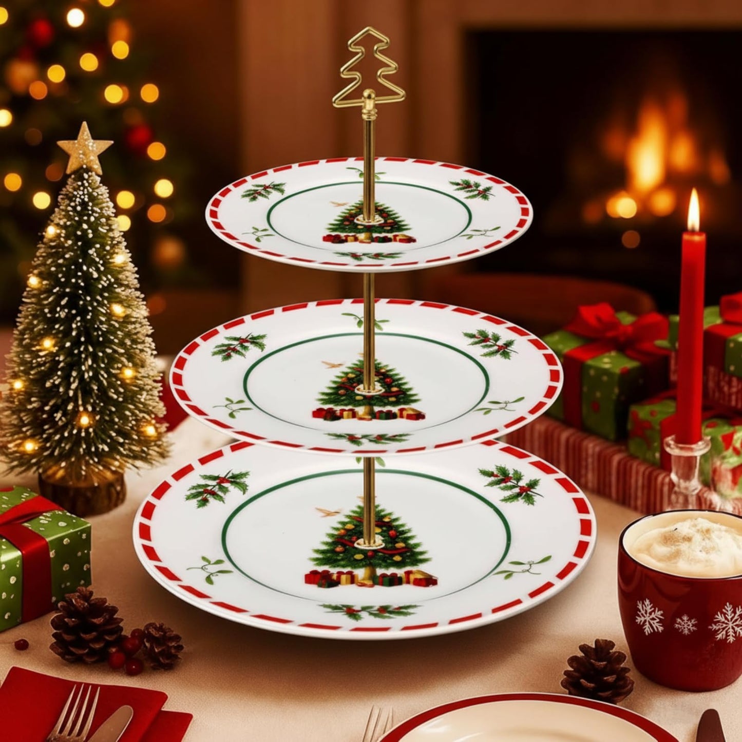 Lallisa 3 Tier Christmas Cake Stand 10", 9" and 7" Ceramic Xmas Tree Tiered Cupcake Display Holder Tower for Serving Food Cake Desserts Treats Holiday Party Decoration