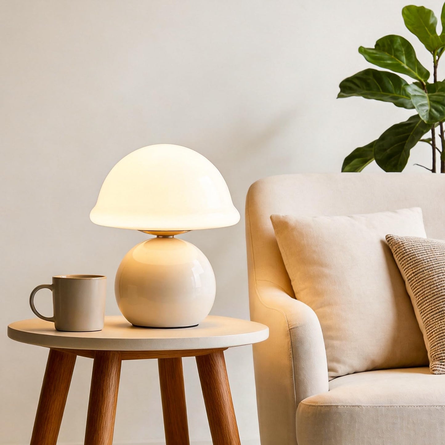 Komothala Mushroom Table Lamp for Bedroom, Cozy Bedside Lamp with Glass Shade, Stepless Dimmable Nightstand Lamp for Relaxing Bedroom Decor & Aesthetic Home (White)
