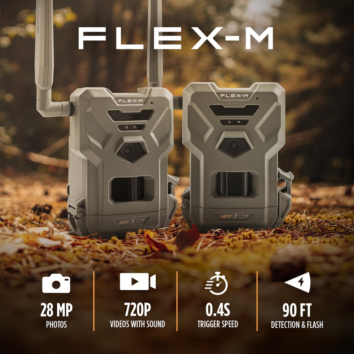 SPYPOINT Flex-M Twin Pack Cellular Trail Cameras - Best Hunting Accessories, No WiFi Needed, GPS, Night Vision, Dual-Sim LTE, IP65 Water-Resistant Game Camera, 28MP Photos, 720p Videos + Sound (2)