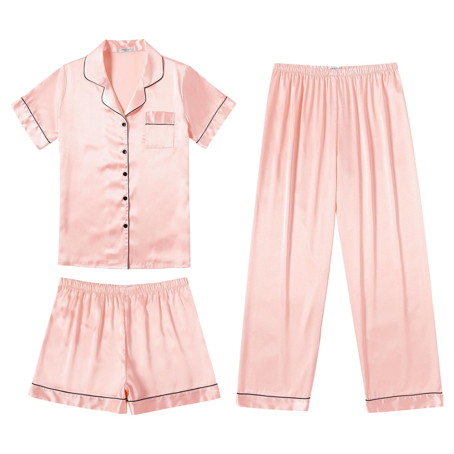 Ekouaer Silk Pajamas for Women Set Satin Pjs Soft Short Sleeve Button Down Sleepwear 3 Piece Loungewear S-XXL