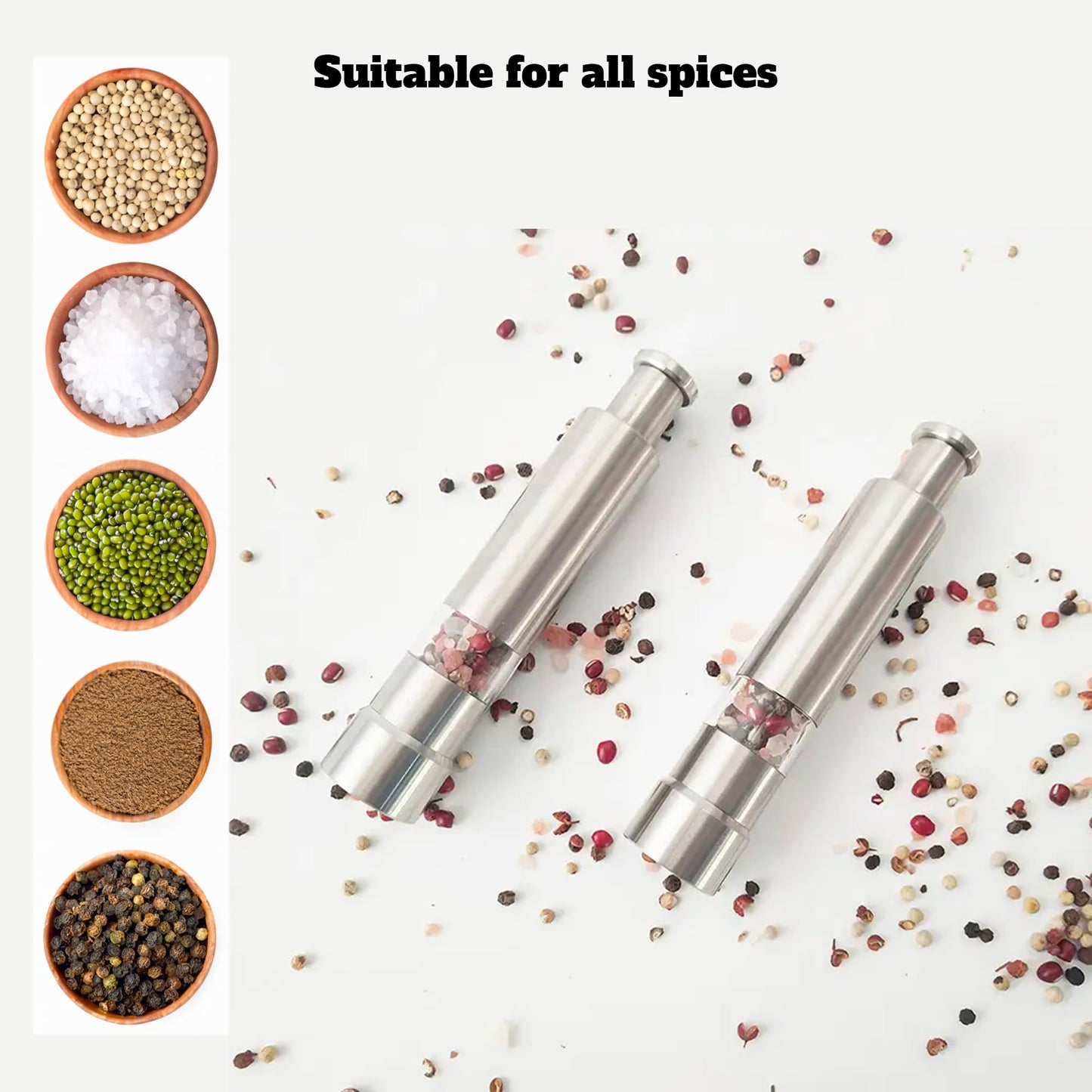 KitchenBliss Modern Thumb Click Salt and Pepper Grinder with Refillable Peppermill - Perfect for Himalayan Salts, Black Pepper, Sea Salt, Peppercorns, Spices Push Button for 1 hand operation (set)