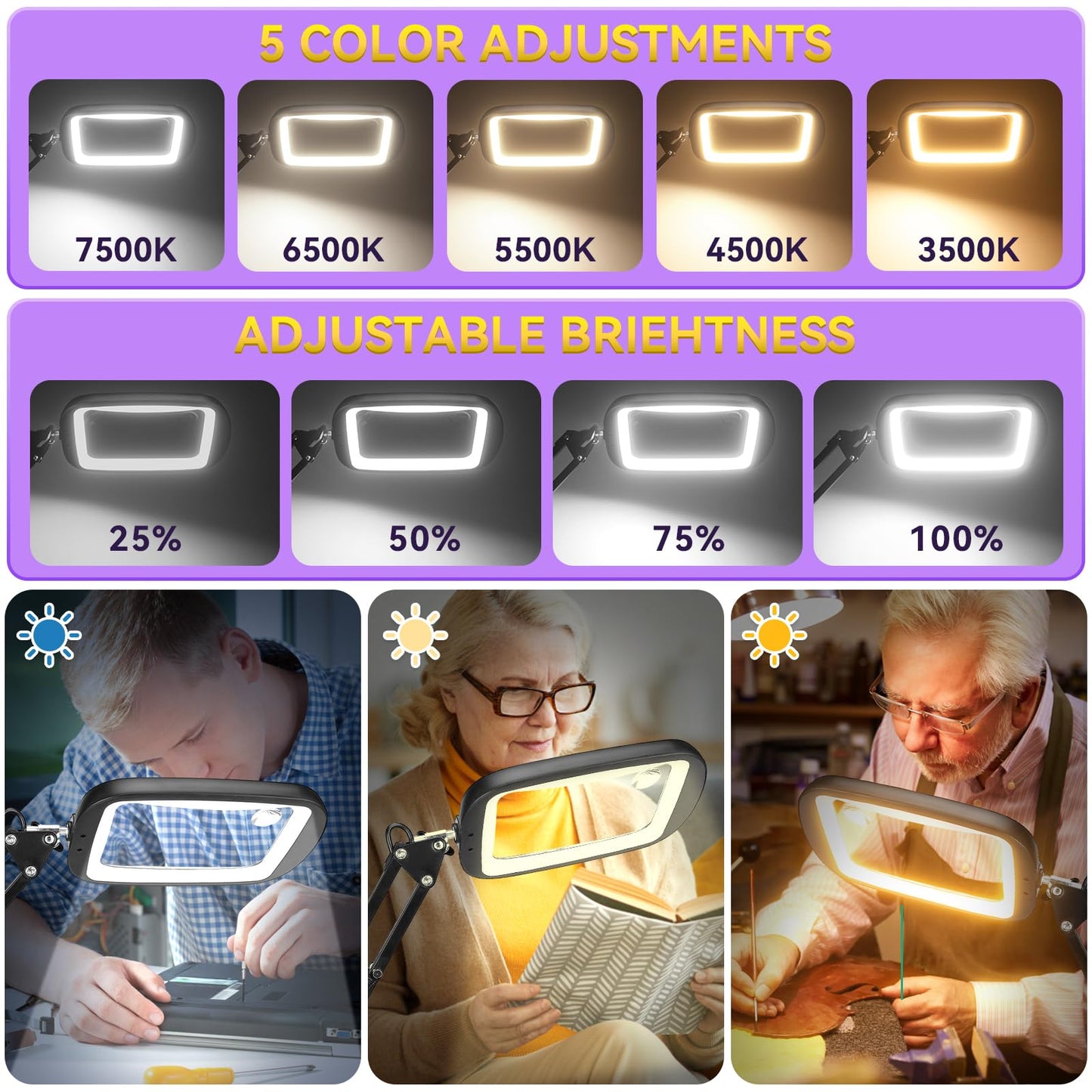 10X 30X Extra Large Magnifying Glass with Light and Stand,7-inch Lighted Magnifier,5 Color Modes Stepless Dimmable,Rectangle Hands-Free Magnifying Glass Desk Lamp for Reading Craft Hobby Close Work LB