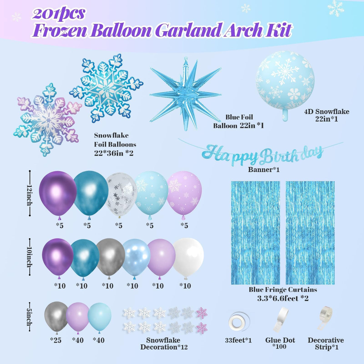 212pcs Frozen Balloon Arch Garland Kit, Blue Purple White Balloons with Fringe Curtain Snowflake Balloons Birthday Banner for Winter Wonderland 3th 4th Frozen Birthday Party Decorations