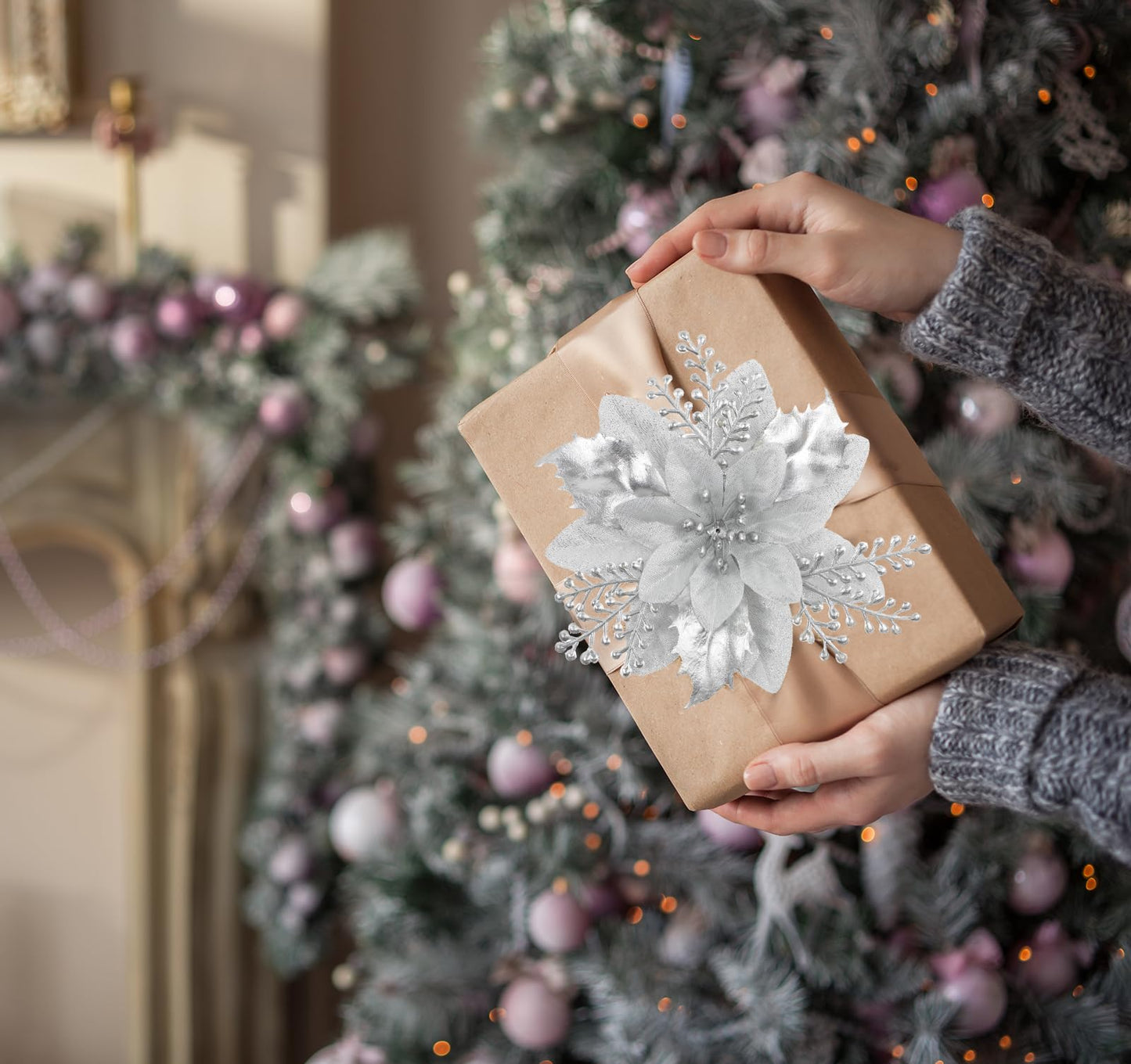 Christmas Tree Decorations 6“ Glitter Poinsettia Flowers - 24 Pcs Christmas Artificial Flowers for Tree Ornaments with Clips, Festive Decorations for Wreath, Mantel & Home Christmas Decor, Sliver