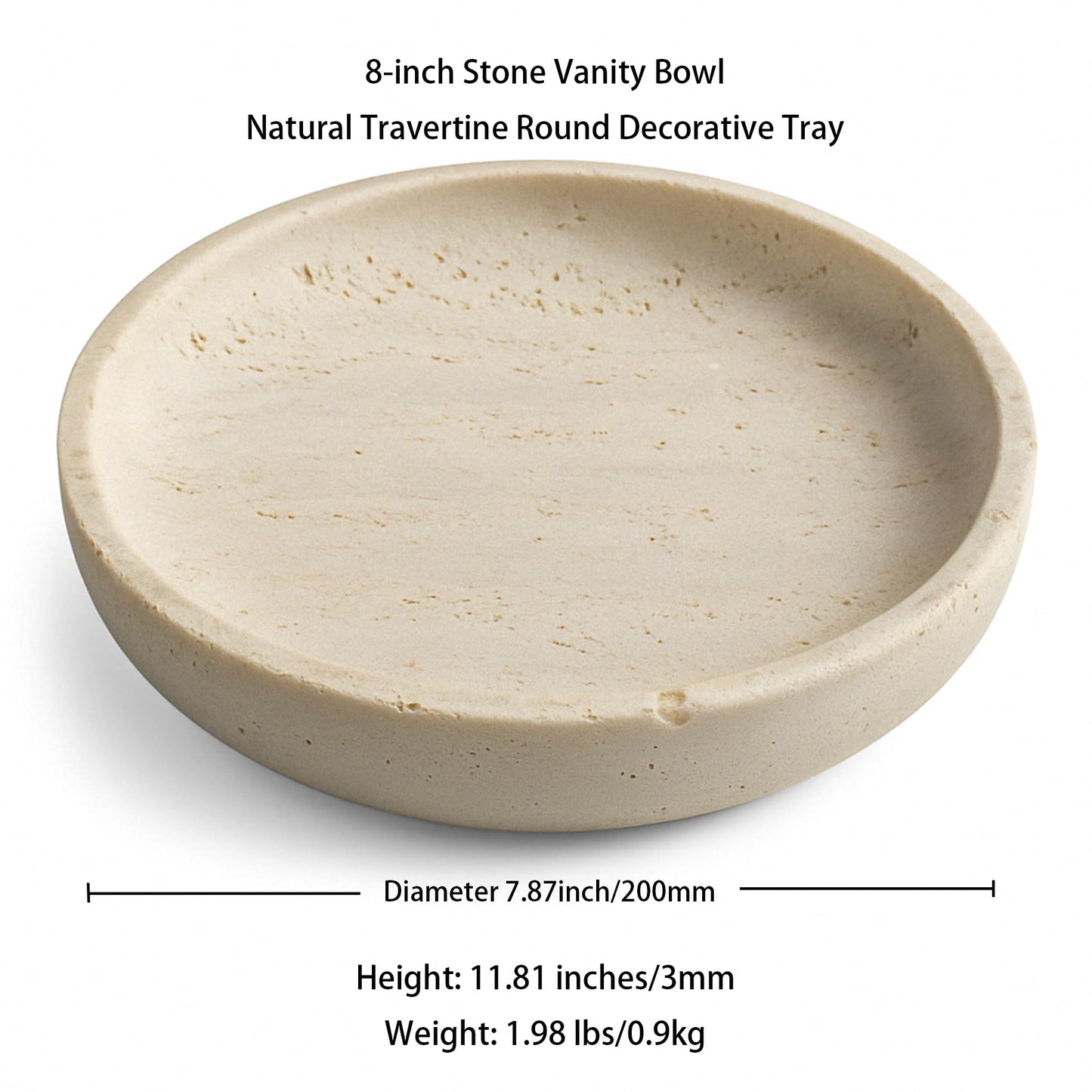 Natural Travertine Round Decorative Tray - 8-inch Beige Stone Vanity Bowl, Anti-Slip Organizer Plate for Bathroom, Kitchen, Home Décor, Candles, Jewelry Display, 3/4-inch Height