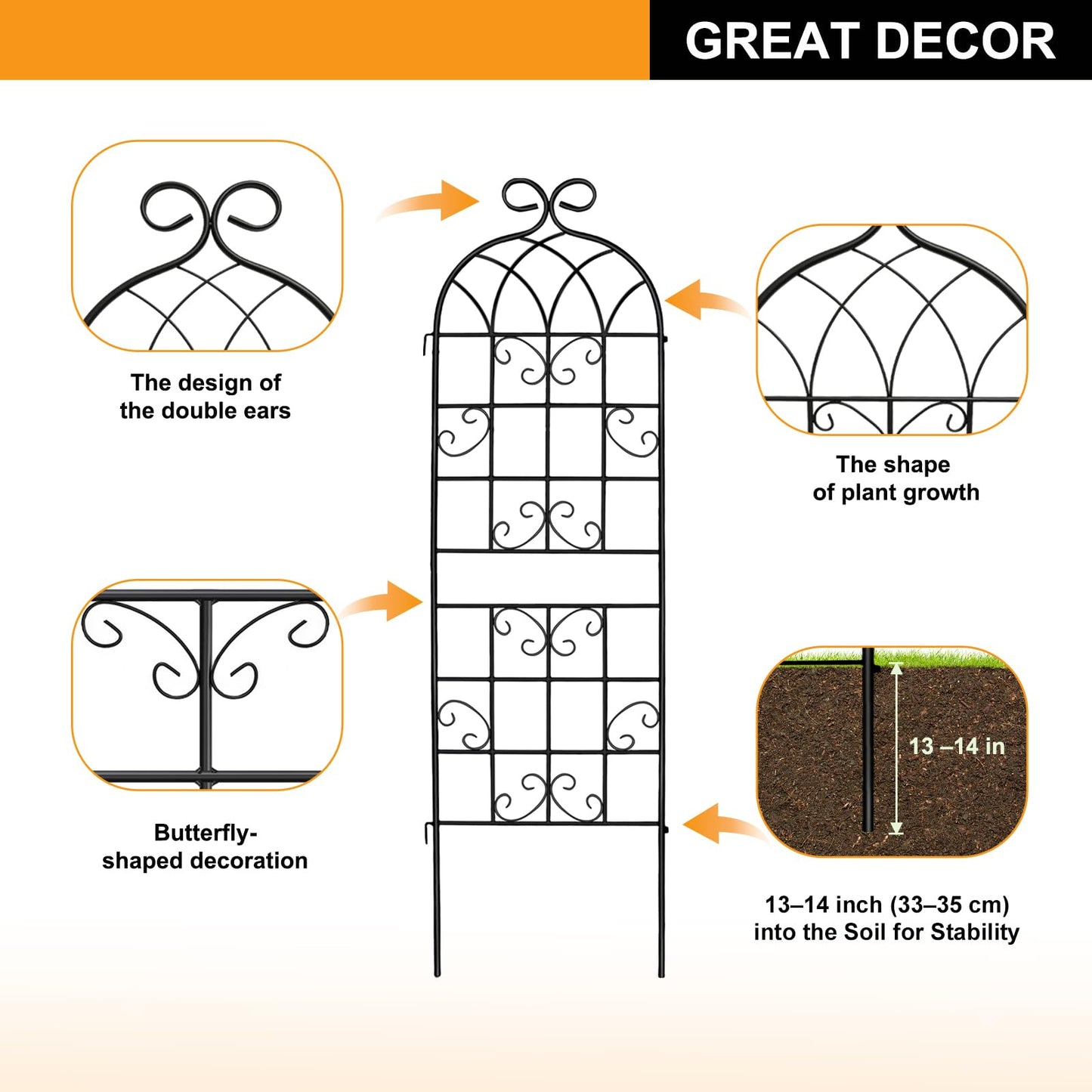 YOBAZAN 2 Pack 71" x 20" Garden Trellis for Climbing Plants, Heavy Duty Metal Plant Support for Outdoor Roses, Vines, Flowers, Vegetables, Black