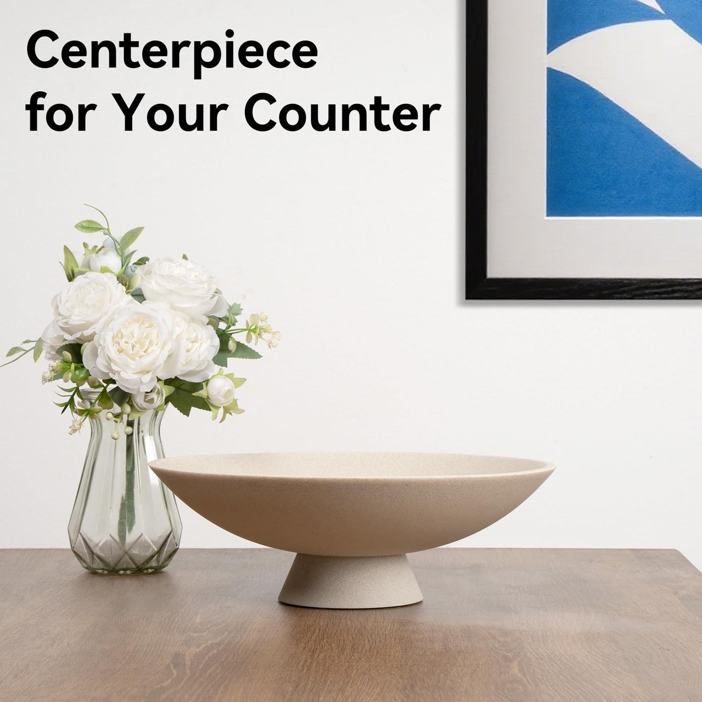 Modern Decorative Fruit Bowl, Beige Resin Artificial Stone Pedestal Bowl, Handicraft Table Centerpiece for Entryway, Coffee Table, Kitchen & Home Decor