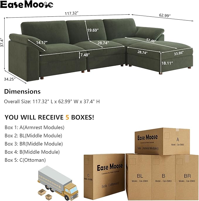 EASE MOOSE Oversized Sectional Modular Sofa, Deep Seat Modular Sectional Cloud