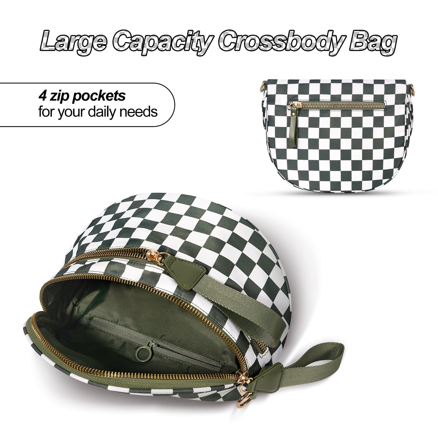 Checkered Crossbody Bag,Nylon Bum Bags for Women Crossbody,Spacious Sling Bag Purse Fanny Packs with Shoulder Strap