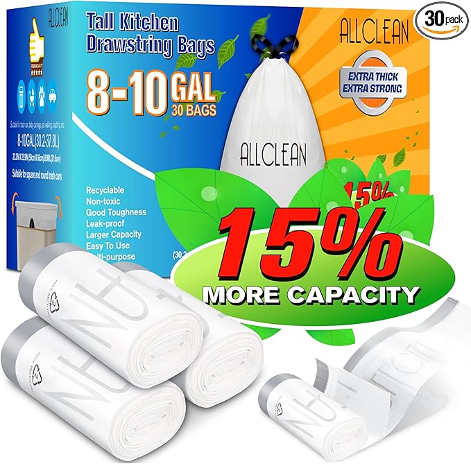 ALLCLEAN 10 Gallon Trash Bags, Ultra-Strong Unscented Heavy-Duty Medium