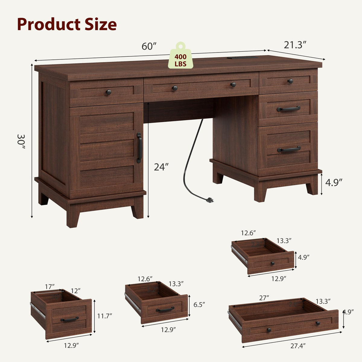 Garvee 60" Wooden Home Office Desk with File Drawers, Executive Desk with Adjustable Cabinet, Farmhouse Wood Desk with Power Outlet, Distressed Study and Work Table, Rustic Brown