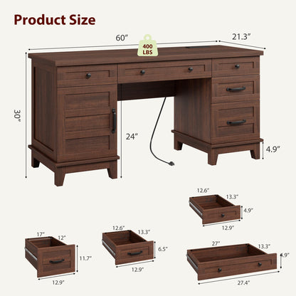 Garvee 60" Wooden Home Office Desk with File Drawers, Executive Desk with Adjustable Cabinet, Farmhouse Wood Desk with Power Outlet, Distressed Study and Work Table, Rustic Brown