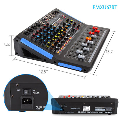 Pyle 6-Channel Console Style Audio Mixer with Bluetooth - DJ Sound Controller, 4 XLR / Combo Inputs, Sub Out, +48V Phantom, USB-A In, 16 DSP Effects, MP3 Player, 7-Band EQ - PMXU67BT