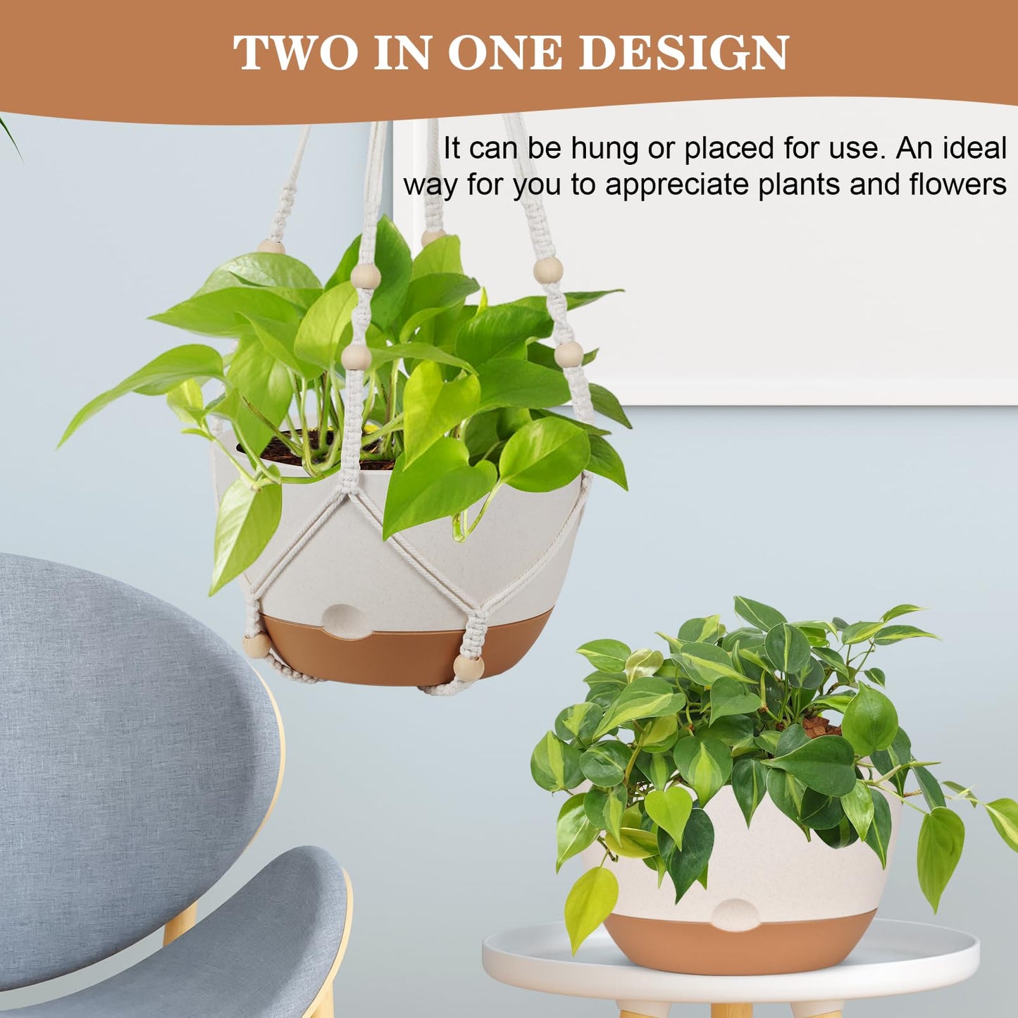3 Pack Hanging Planters for Indoor Plants, 10 + 10 + 8 Inch Self-Watering Hanging Plant Pot, Macrame Plant Hanger with Pot, Ceiling Hooks, Removable Saucer and Drainage Holes for Garden Home - White