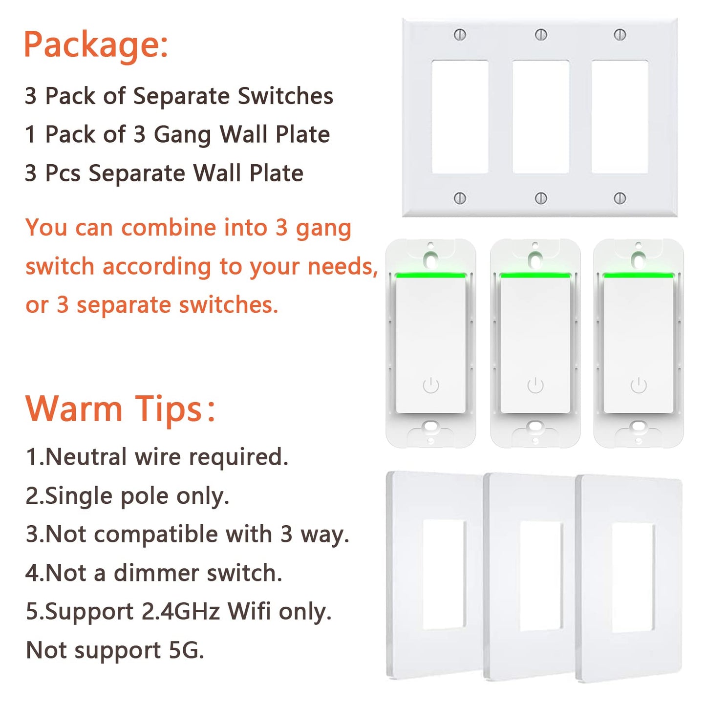 Milfra Smart Light Switch-Smart WiFi Switch 2.4Ghz Compatible with Alexa, Google Assistant,Remote Control/Voice Control and Schedule, Neutral Wire Required, Single-Pole, No Hub Required (4 Pack)