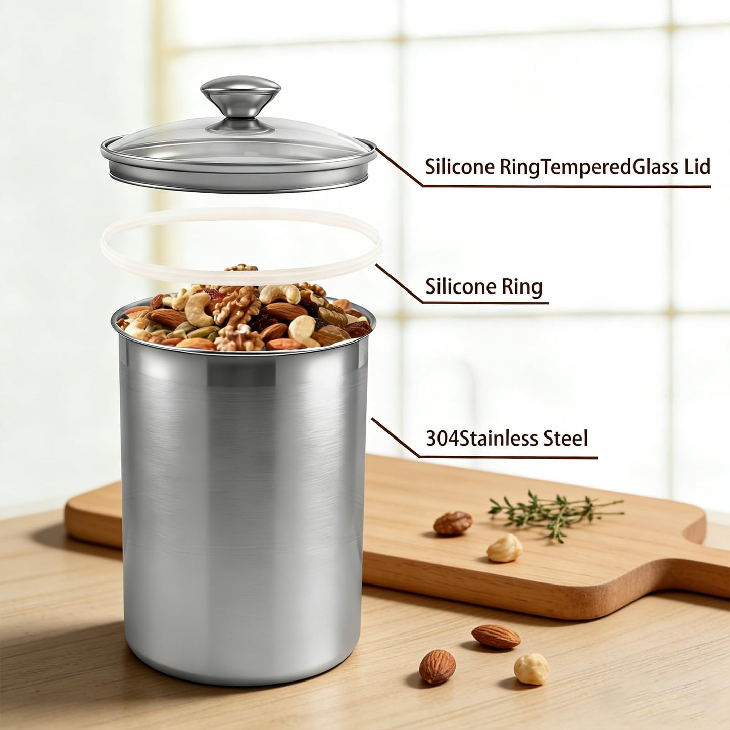 VTWTV Stainless Steel Food Canister Set 4-Piece, Airtight Kitchen Storage Containers with Lids, Metal Canisters for Flour Sugar Coffee & Pantry Organization, Rustproof & Durable Countertop Jar Set