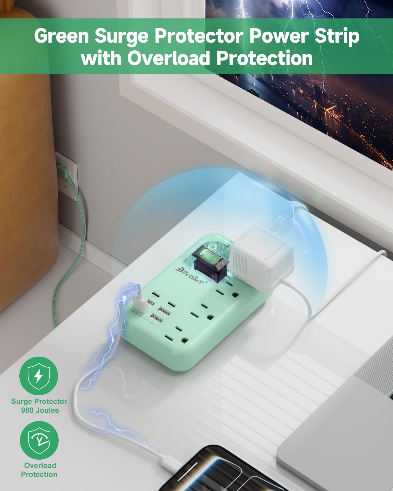 6 USB(2 USB C) Purple Travel Power Strip- 5Ft Lavender Extension Cord with 24W USB Charging Station and 4 Outlets, Purple Desk Accessories with Surge Protector for Cute Kawaii Office Dorm Room