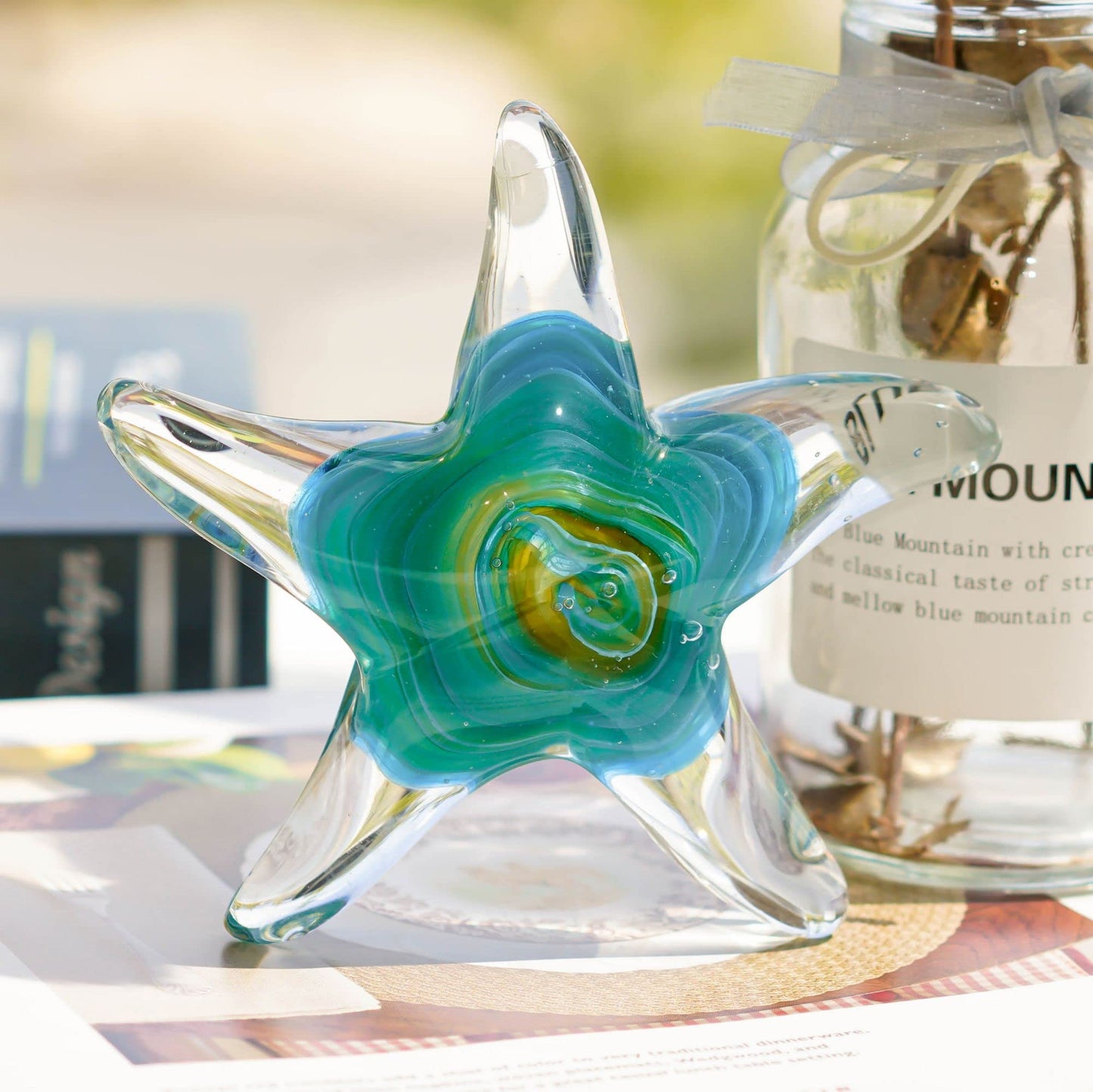 QFkris 5" Glass Star Fish, Crystal Handmade Glass Blown Table Decor, Starfish Figurine, Collectible Ornament,Clear and Green for Women
