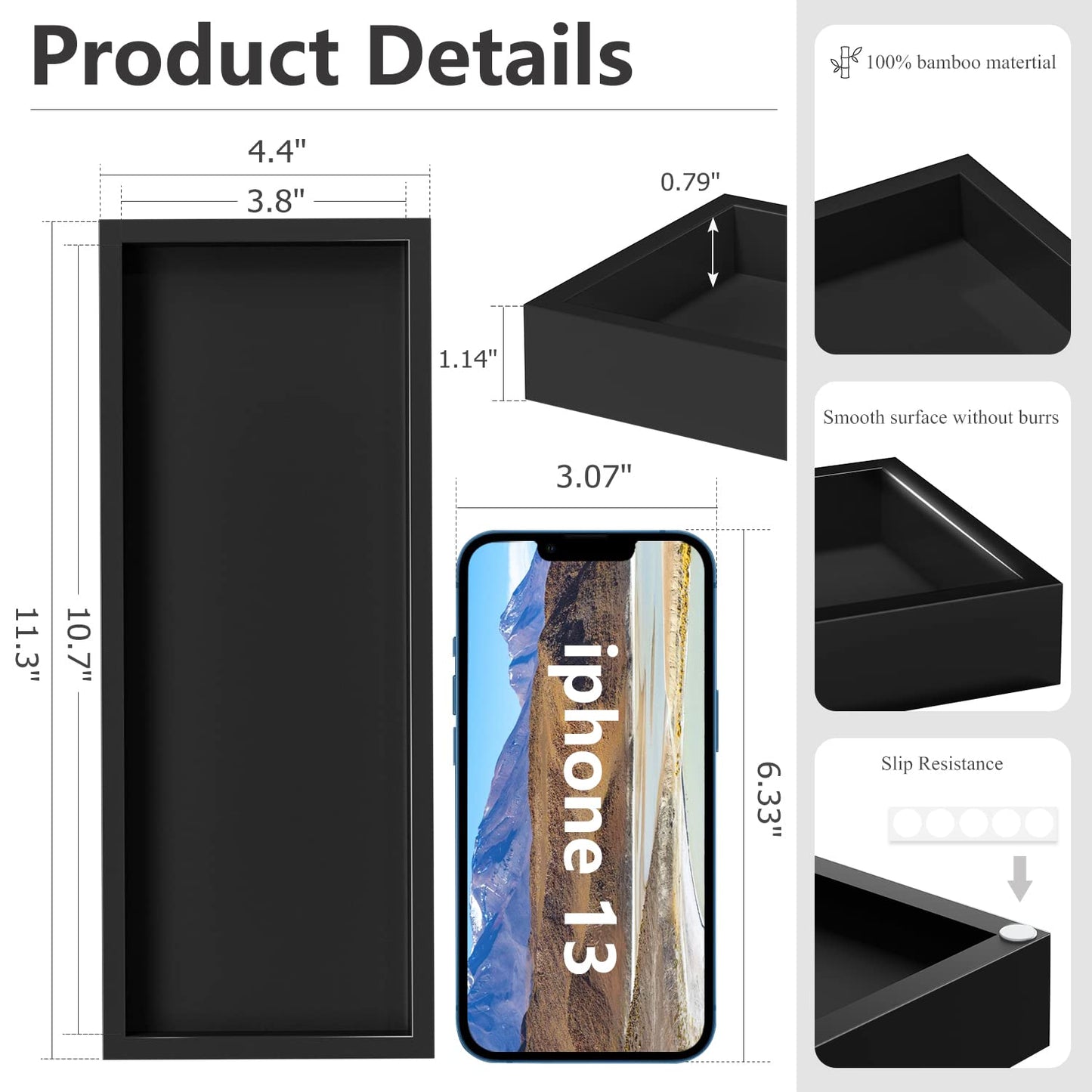 ZHWS Bathroom Tray Countertop for Toiletries, Black Vanity Tray for Makeup Perfume Decor Candle, Bamboo Kitchen Tray for Soap Dispenser Salt Pepper Brush Holder 11.3” L x 4.4” W x 1.1” H
