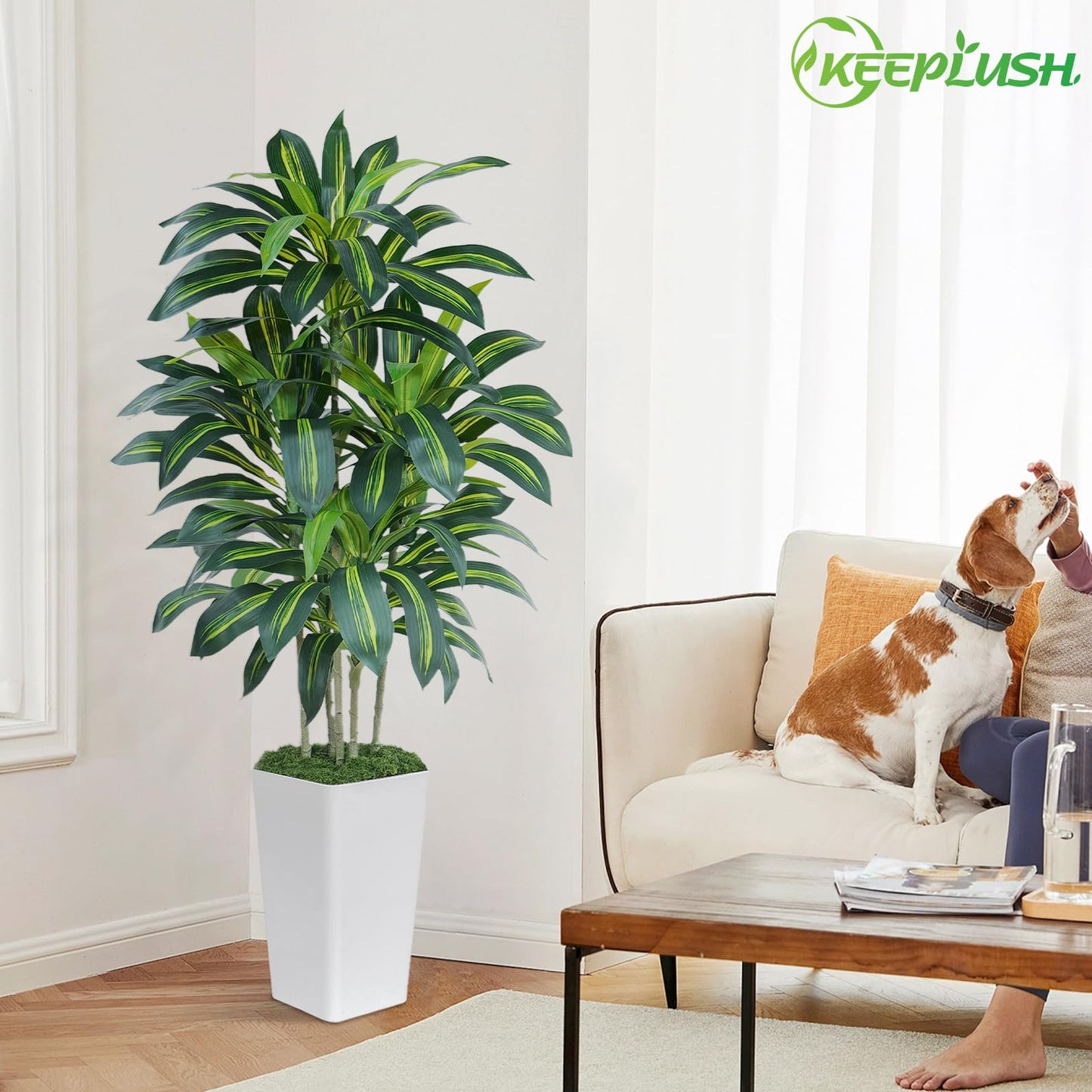 Keeplush 5FT Artificial Dracaena Tree - High-Density Foliage Fake Plant with White Tall Planter - Faux Yucca Floor Plant for Home Office Decor Indoor