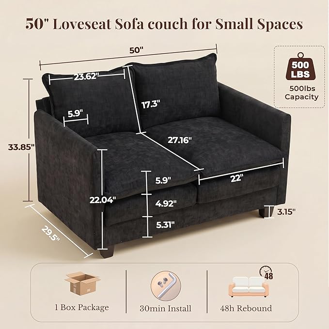 Loveseat Sofa with Cloud 3-Layer Cushion & 27" Deep Seat, Modern Small Couch No
