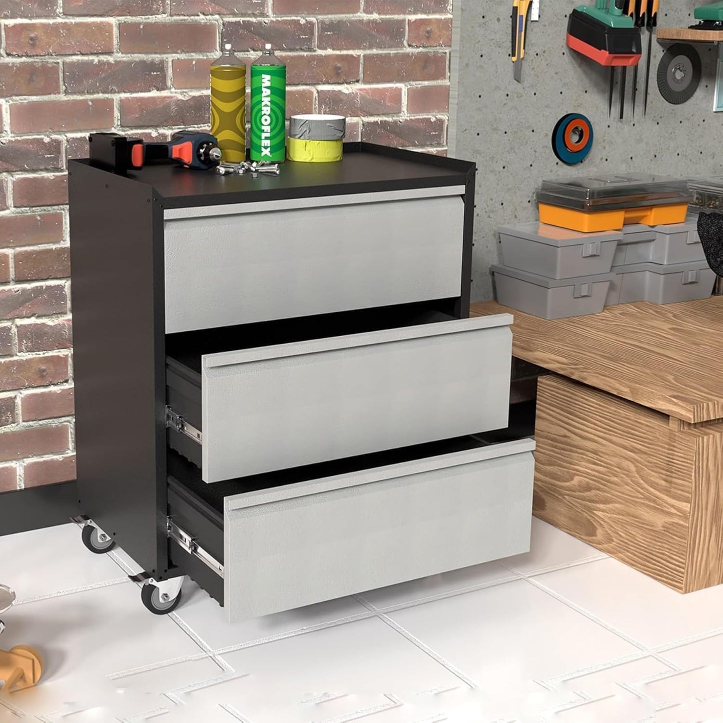 IDEALHOUSE Heavy Duty Rolling Tool Cabinet with 3 Drawers - Industrial Metal Storage Cart for Garage & Workshop Organization, Mobile Tool Chest (Gray)