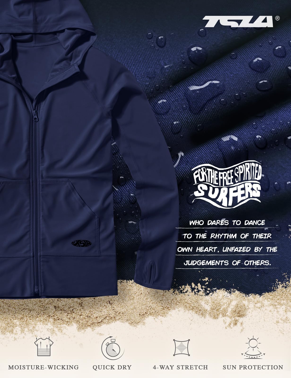 TSLA Women's Hoodie Zip Front Rash Guard, UPF 50+ Long Sleeve Swim Shirts, UV/SPF Sunscreen Wetsuit Swimsuit Top, Flow Navy, X-Small