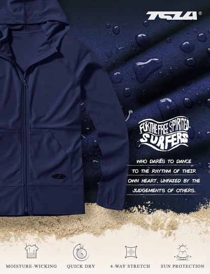 TSLA Women's Hoodie Zip Front Rash Guard, UPF 50+ Long Sleeve Swim Shirts, UV/SPF Sunscreen Wetsuit Swimsuit Top, Flow Navy, X-Small