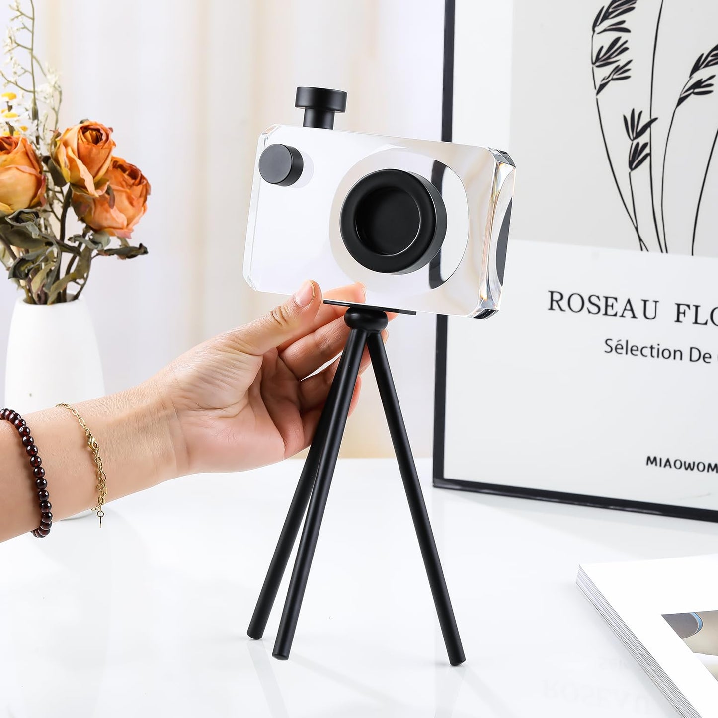 JOASURA Crystal Camera Model Statues- Small Black with Bracket 3.94x5.12inch 2.2LB,Camera Crafts Collectible Figurine Home Desktop Decoration