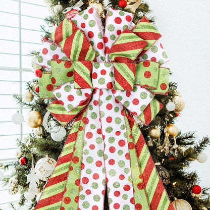 Christmas Tree Topper Wreath Bow Large Green Christmas Bow Tree Topper, 45"x13" Red Green Dot Polyester Gift Ribbon for Xmas Ornament Holiday Home Wedding Thanksgiving Indoor/Outdoor Decoration